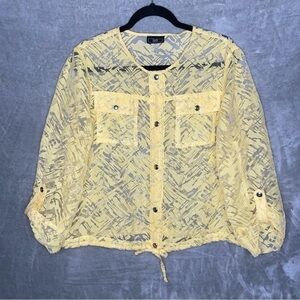 Lark Lane Yellow Hatch Pattern Button Down Sheer Blouse Cinch Hem Size 16